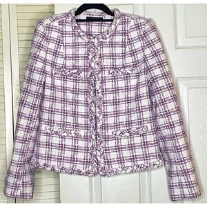 Elie Tahari Tweed Plaid Check Jacket 8 Purple Lavender Ivory Fringe Trim NWT